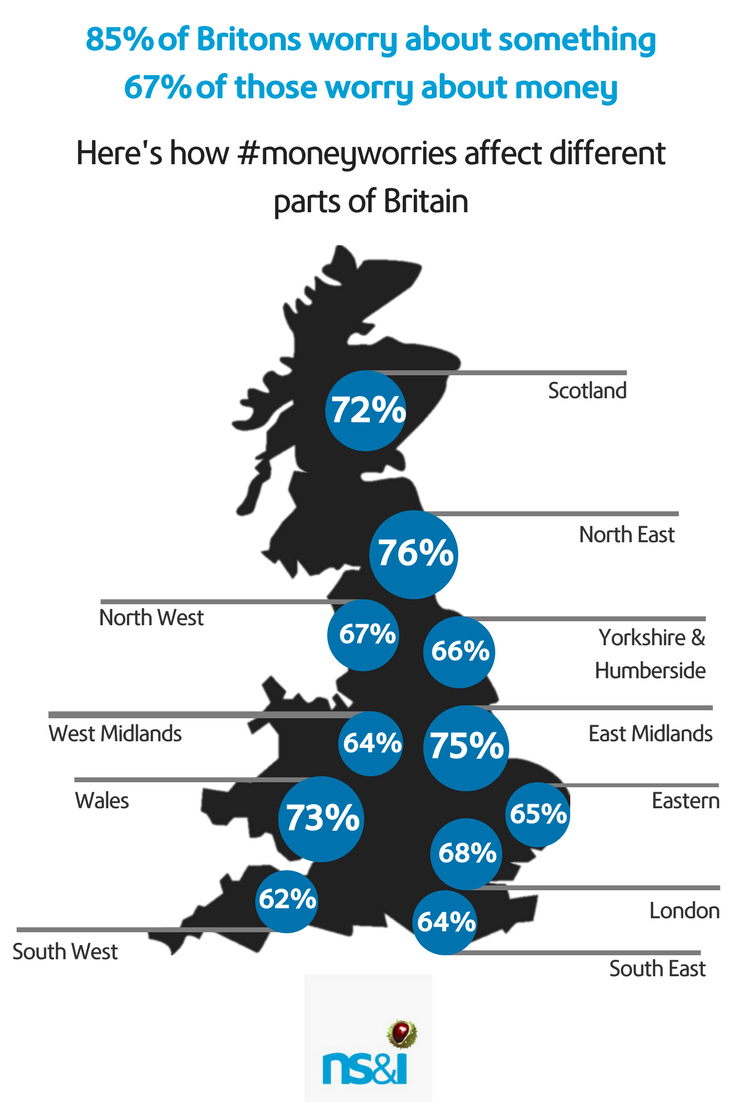 UK regional map of the percentage of people in each area who worry about money